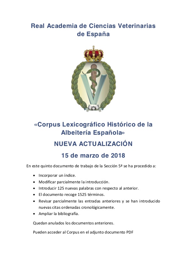 «Corpus Lexicográfico Histórico de la Albeitería Española» NUEVA ACTUALIZACIÓN